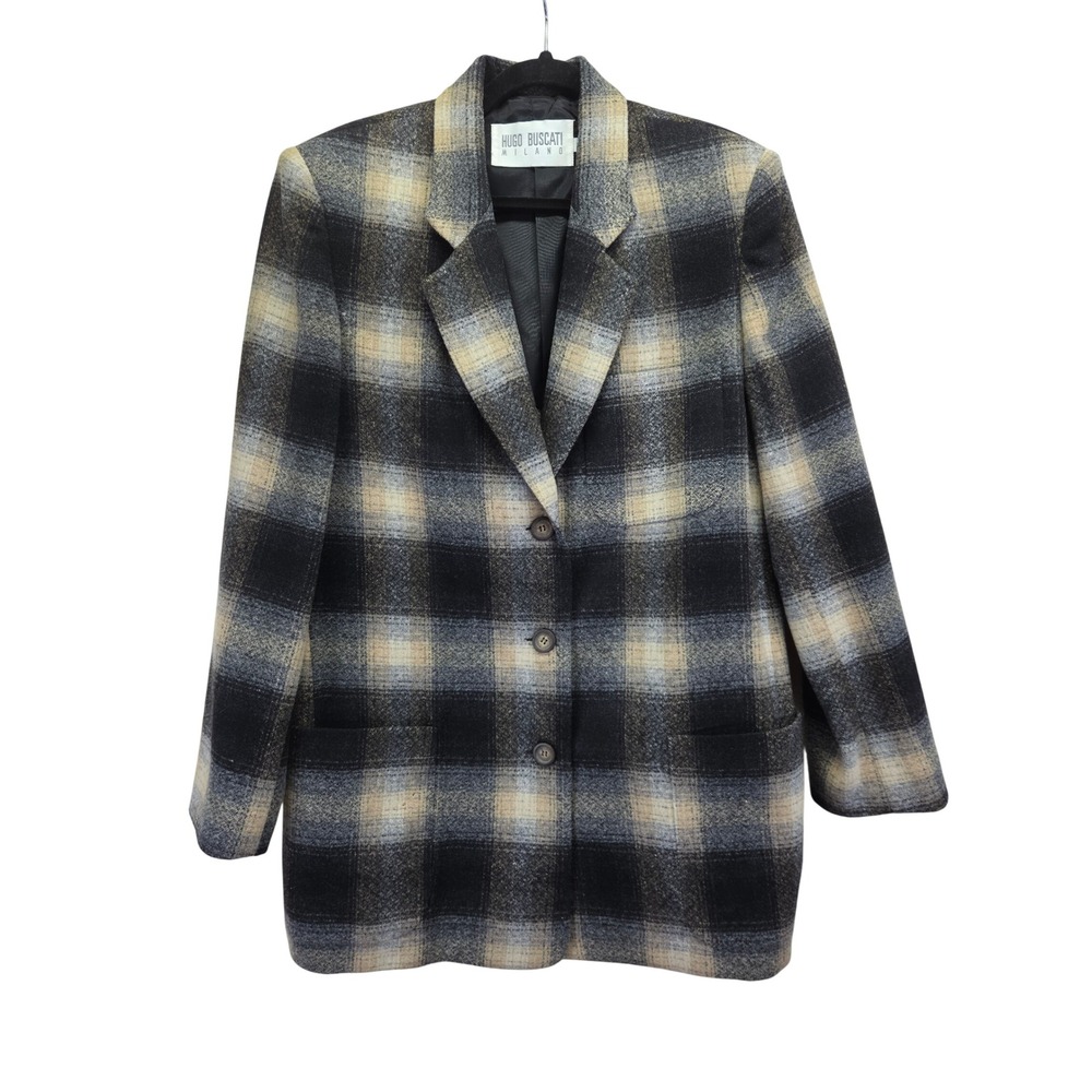 Vintage Hugo Buscati Milano Plaid Wool Blazer Jacket Black Tan 109-592 Medium